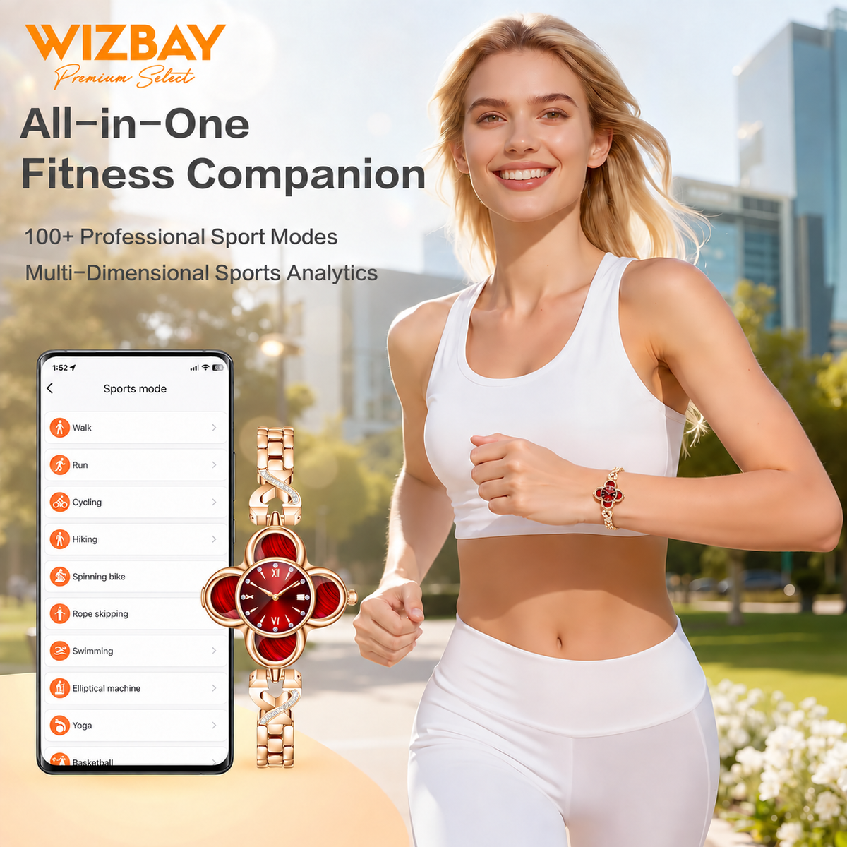WizBay Premium Select® Dames Smartwatch Klaverdesign – Hartslag, SpO2 Bloeddruk en Slaap – 173 Sportmodi – GPS – Meldingen – iOS - Android – Goud - Rood