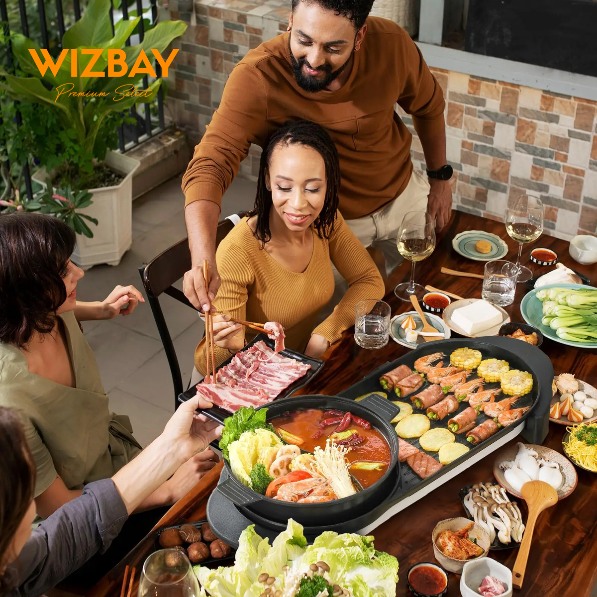 WizBay Premium Select® 4 in 1 Dual Aziatische Shabu HotPot - Afneembare Pan - Funcooking - 2 Bouillon Gedeelten - Grill - Gourmetten - Fondue - 6 tot 8 Personen - 2200W - Anti Aanbaklaag - 73 cm Lang