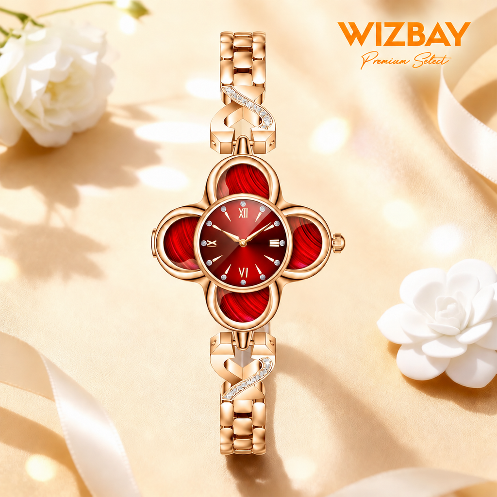 WizBay Premium Select® Dames Smartwatch Klaverdesign – Hartslag, SpO2 Bloeddruk en Slaap – 173 Sportmodi – GPS – Meldingen – iOS - Android – Goud - Rood